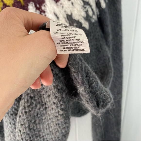 Free People Sweater Gray Knit Sz. Small Baltic Fair Isle Boatneck Bishop Sleeve - Picture 10 of 13